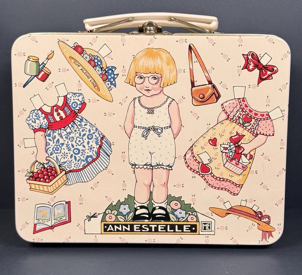 Vintage Mary Engelbreit Ann Estelle Paper Doll Mini Tin Lunch Box Gingham Case
